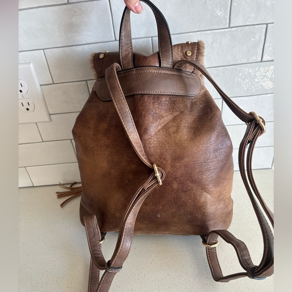Luxury Urban Expressions Brown Vegan Leather Maddison Backpack Fur Womens Purse - Picture 3 of 9